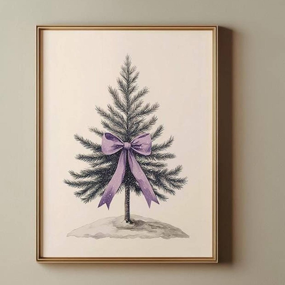 Christmas Tree Prints Vintage Christmas Tree Bow Wall Art Coquette Purple