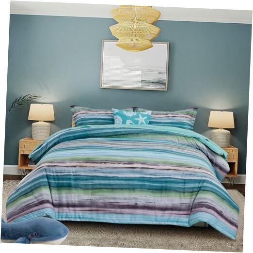 Beach Stripe Bedding Sets 6 Pieces Coastal Striped Comforter Set Queen Aqua