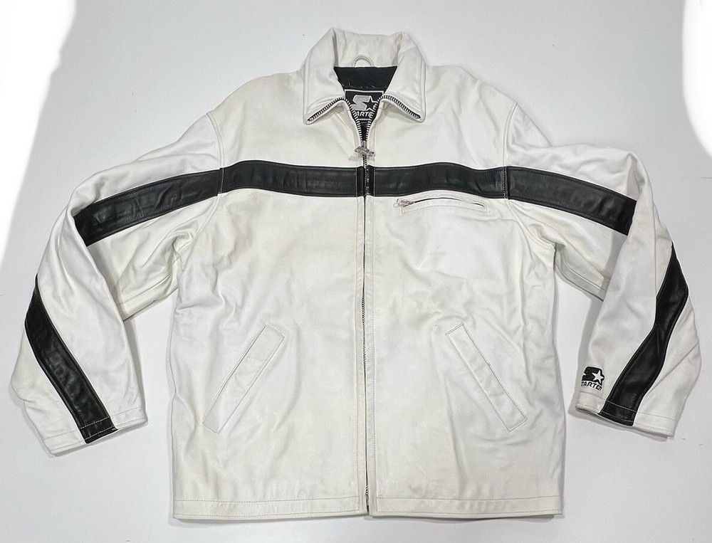 Vintage Starter White Mens Leather Jacket Check Photos For Size