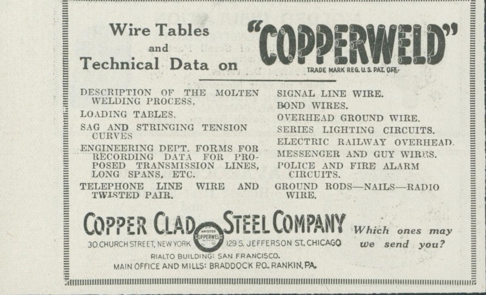 1923 Copperweld Wire Tables Technical Data Copper Clad Steel Company Ad EW1