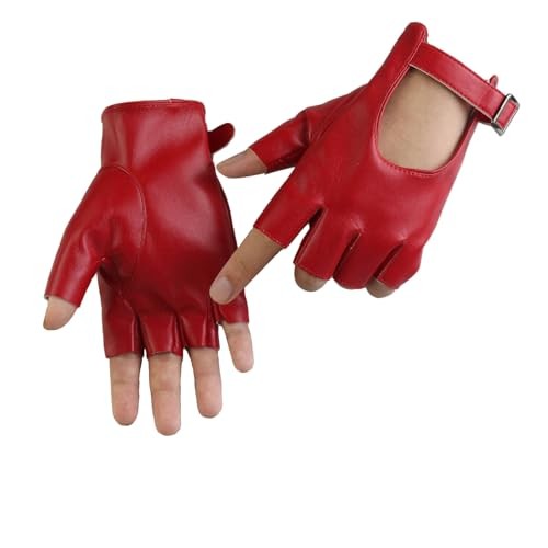 Women's Fingerless Half Finger PU Leather Motorcycle Cycling Driving Red