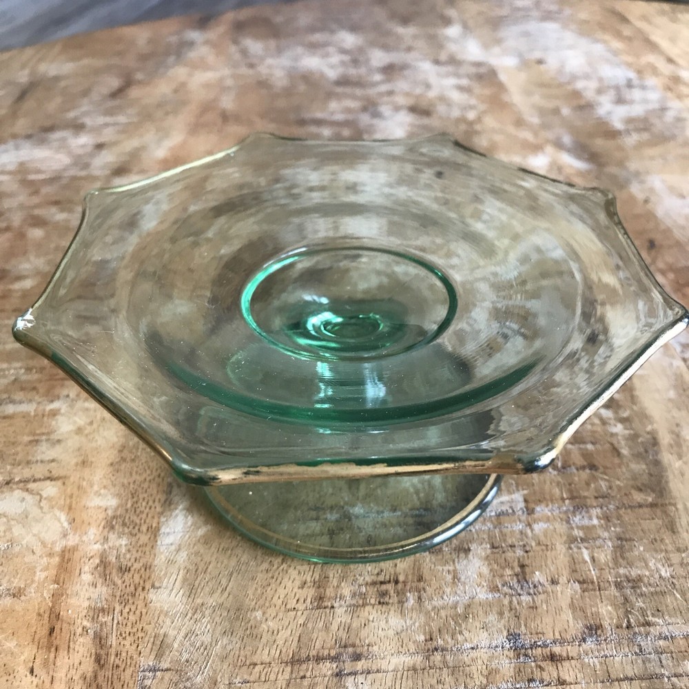 VTG Green Octagon Pedestal Candy Dish with Gold Rim Rare Collectible 6 Inch