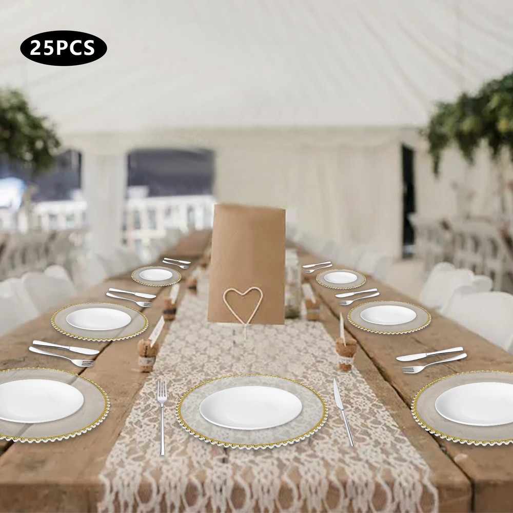 25 Packaged Western Food Plates 32cm Plastic With Transparent Gold Thread Beads