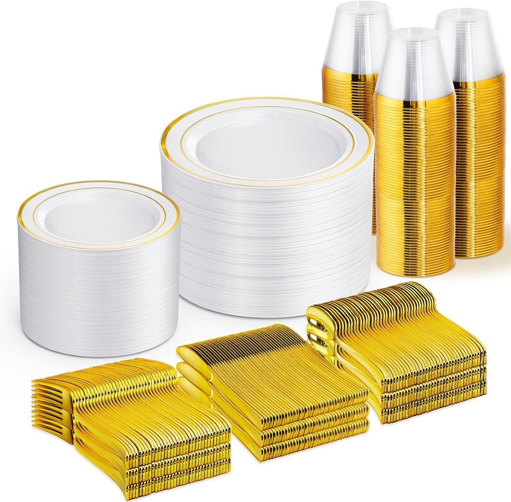 450 PCS Gold Disposable Dinnerware Set for 75 Guests