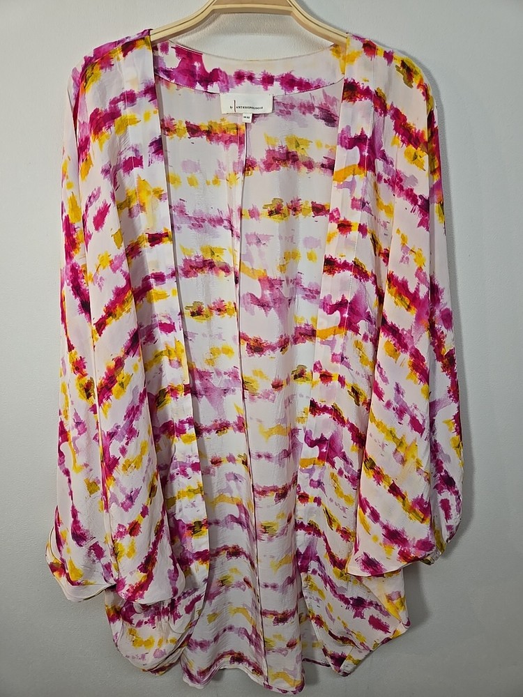 by Anthropologie Tie Dye Printed Cocoon Kimono Topper One Size Pink Yellow