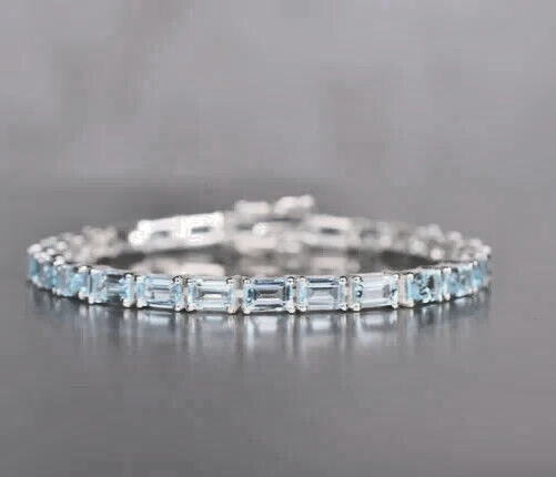 15ct Emerald Cut Simulated Aquamarine Tennis Bracelet 14k White Gold Plated SLVR