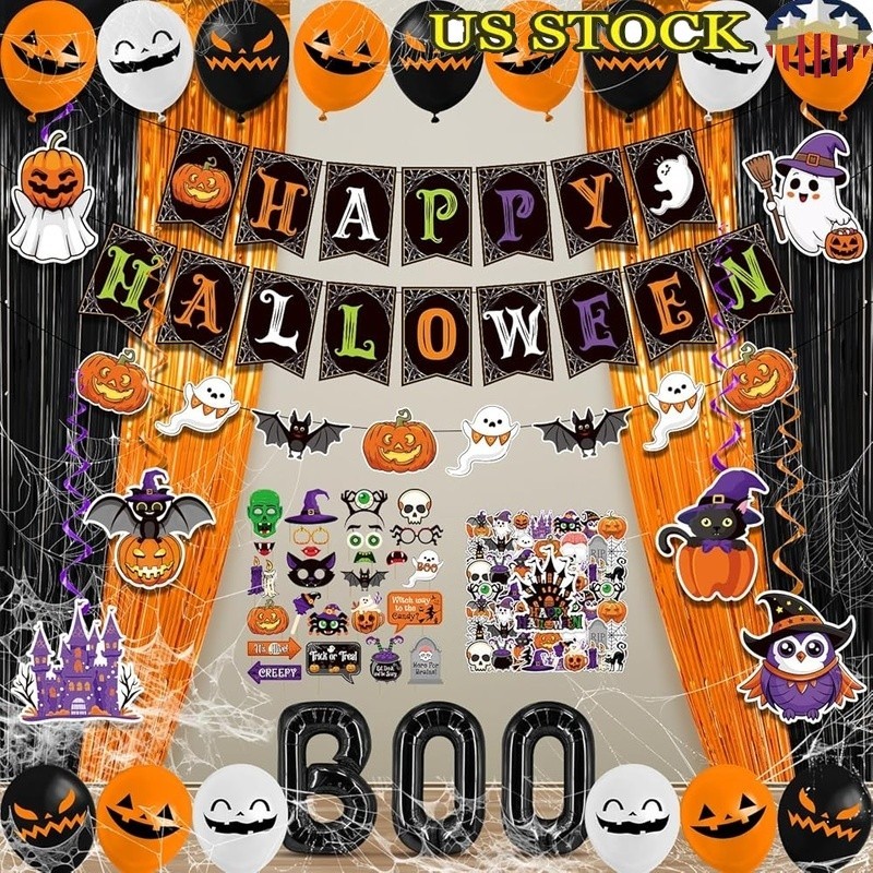 Halloween Party Decorations Photo Booth Props Banners Balloons & Garland Set New