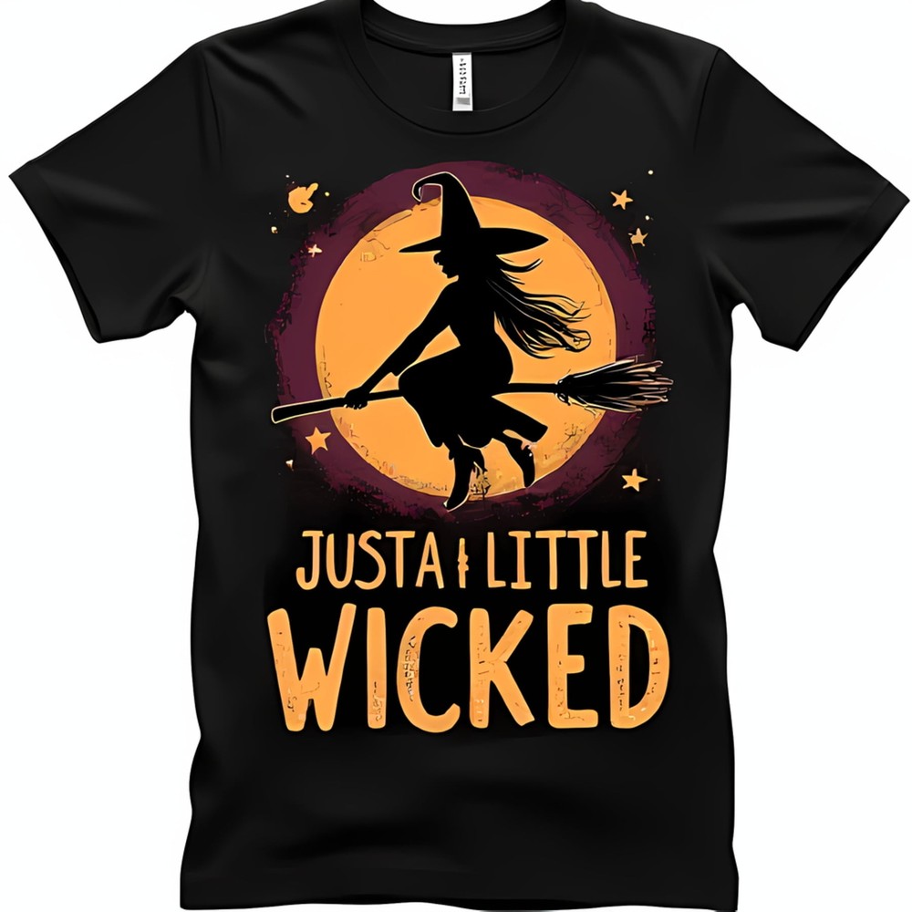 Black T-Shirt with Witch on Broomstick Graphic Yellow Moon & Stars Just A Little