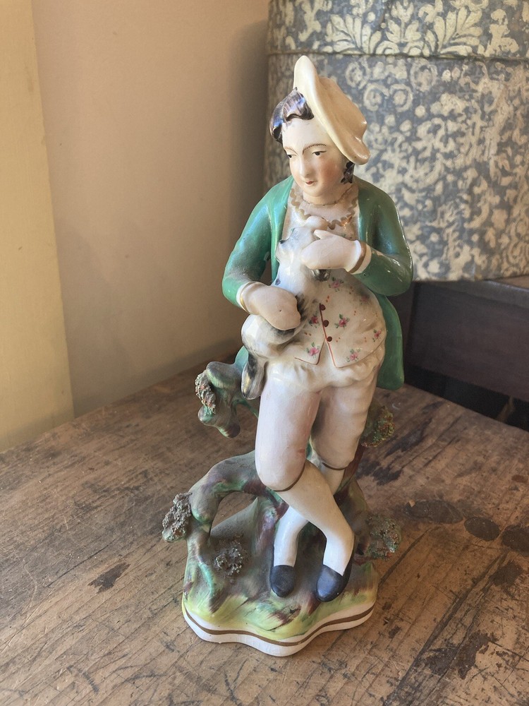 Nice! Antique 19th C Victorian Porcelain Staffordshire Figurine Statue Boy w Dog