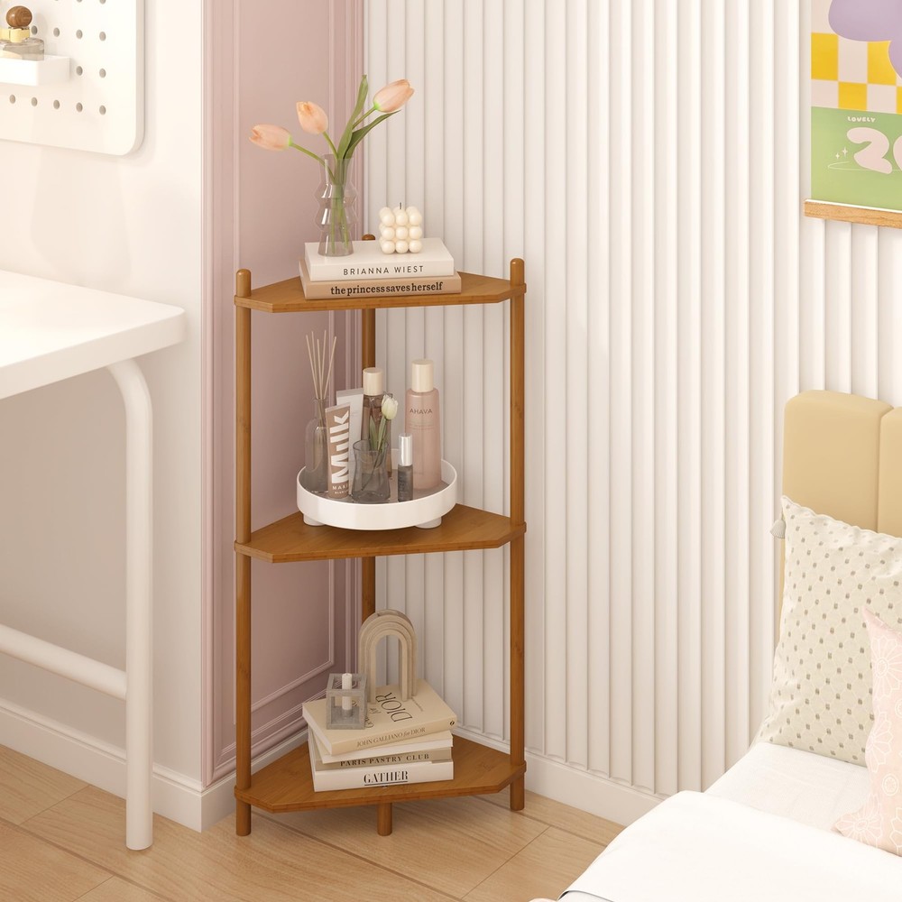 3 Tier Bamboo Corner Shelf Stand for Office Kitchen or Bedroom