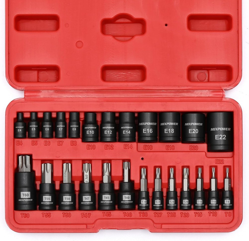 MIXPOWER 25-Piece Torx Bit and Socket Set with 13 Star Bits T8-T60 and E4-E22