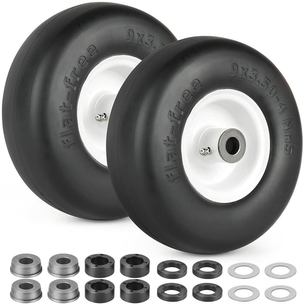 9x3.50-4” Flat Free Tire and Wheel, 2 PCS Lawn Mower Tire, 3/4