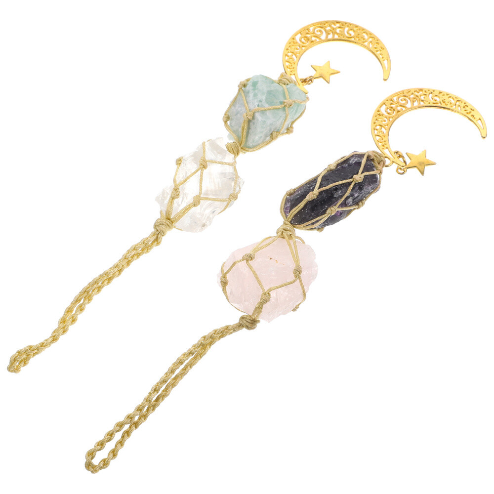 2 Pcs Handwoven Raw Stone Crystal Pendant Car Charm Decor of The Lid
