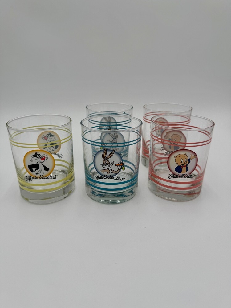 Rare Vintage 1990s Looney Tunes Fiesta Colorful Stripe Old Fashioned Glasses