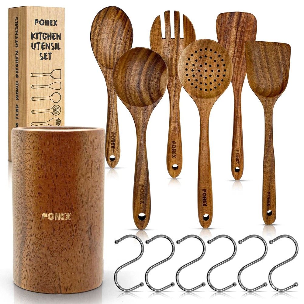Teak Wood 12-Piece Kitchen Utensil Set with 6 Gadgets and Wooden Holder Barrel