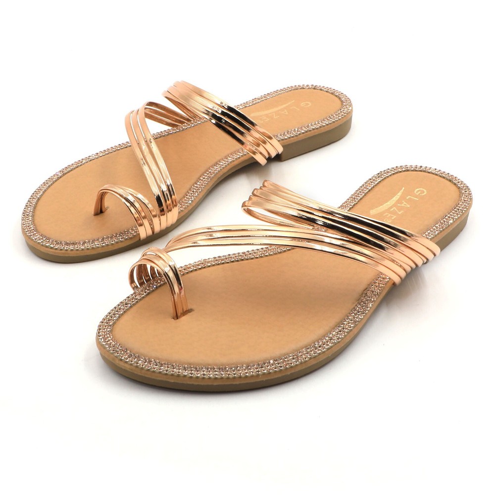 Glaze Women's Rhinestone Summer Flat Sandals Metallic Straps Toe Ring Design