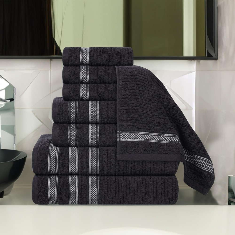 8-Piece Zero Twist Cotton Towel Set with Ribbed Geometric Design – Bathroom Essentials