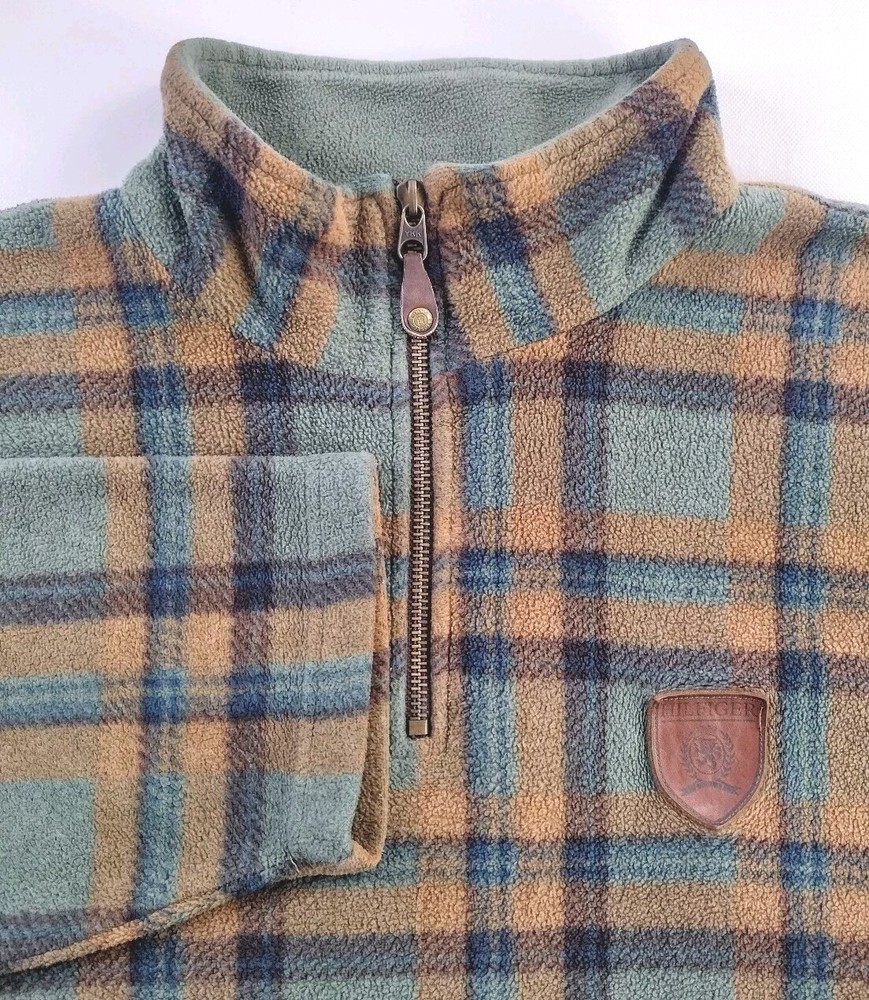 90s Tommy Hilfiger Green Plaid Fleece 1/4 Zip Pullover with Leather Patch Size XL