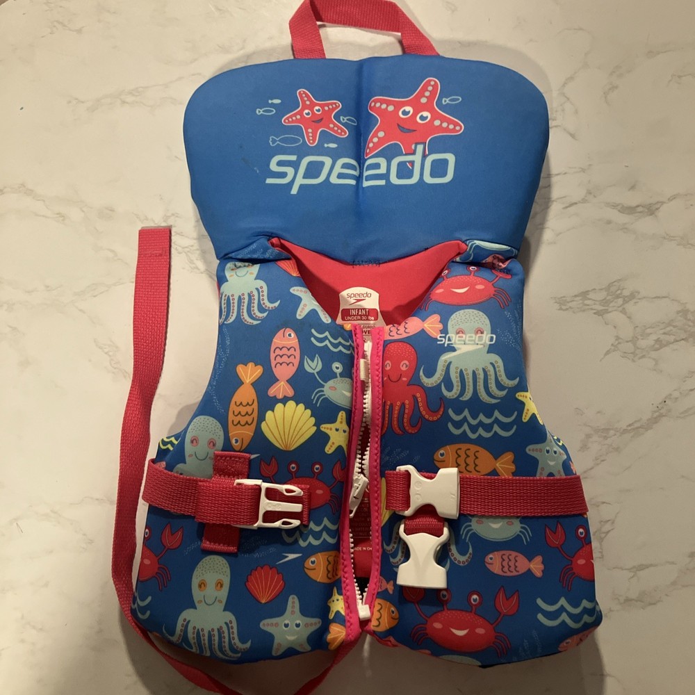 Speedo Life Vest Infant Baby USCG Approved Under 30 Lbs Blue PInk Octopus Fish