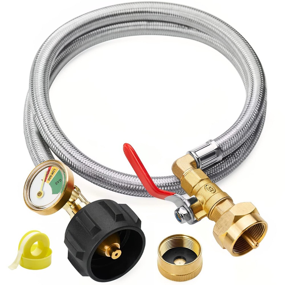 t3 Feet Propane Refill Adapter Hose with Gauge and ON/Off Control Valve Stain...