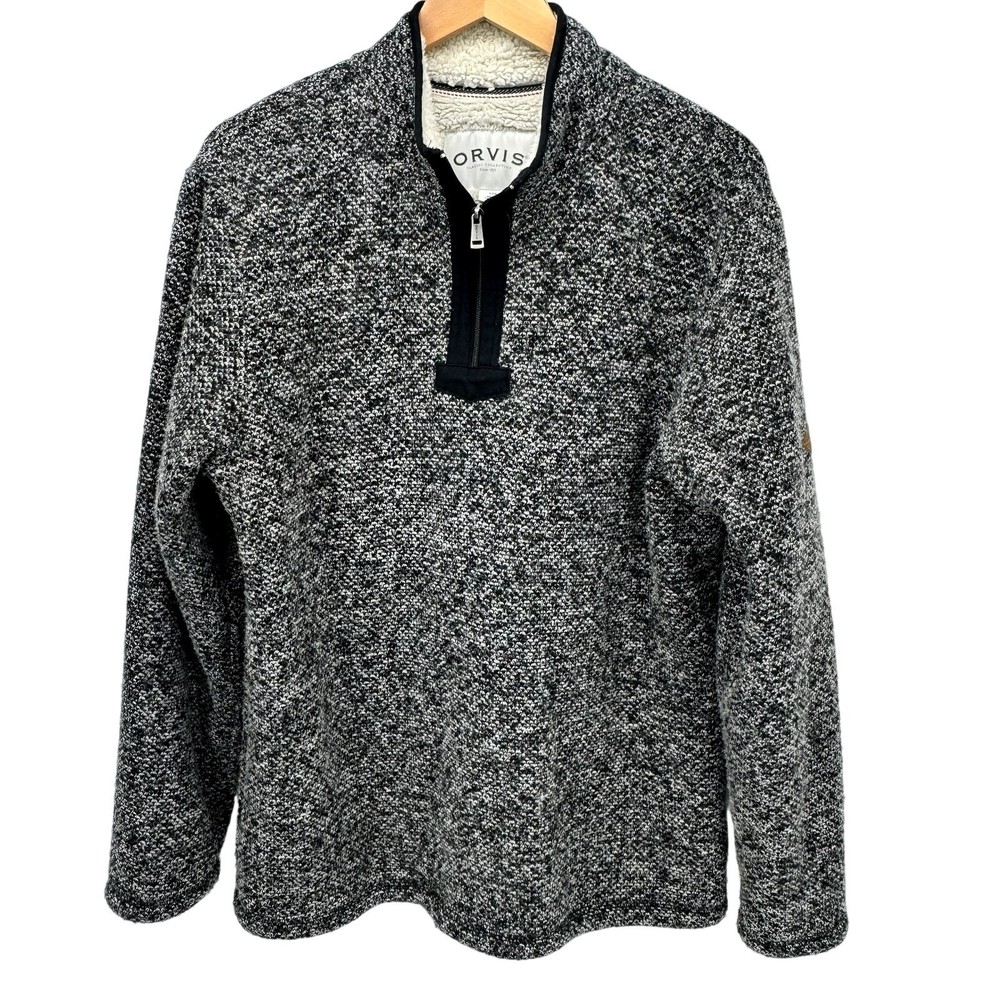 Orvis Jacket Mens Large Sherpa Lined 1/4 Zip Gray Marled Pullover Mock Neck