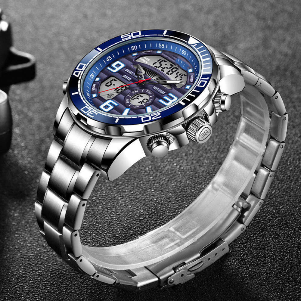 Men's Dual Display Multifunctional Quartz Watch with Stainless Steel Case and Wa