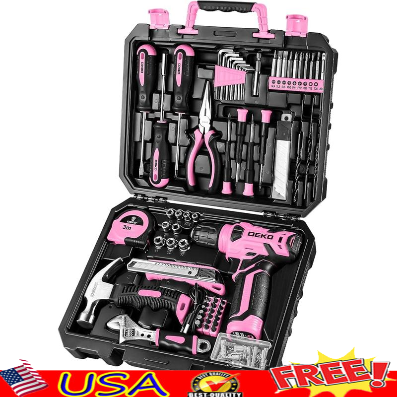 Drill Tool Set W/ 8V Pink Cordless Drill Rechargeable Battery Multi-functional