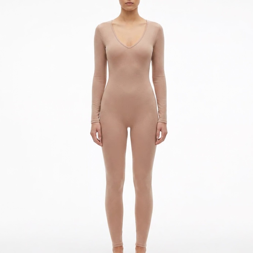 Naked Wardrobe Long Sleeve V-Neck Jumpsuit Mauve Tan Size M