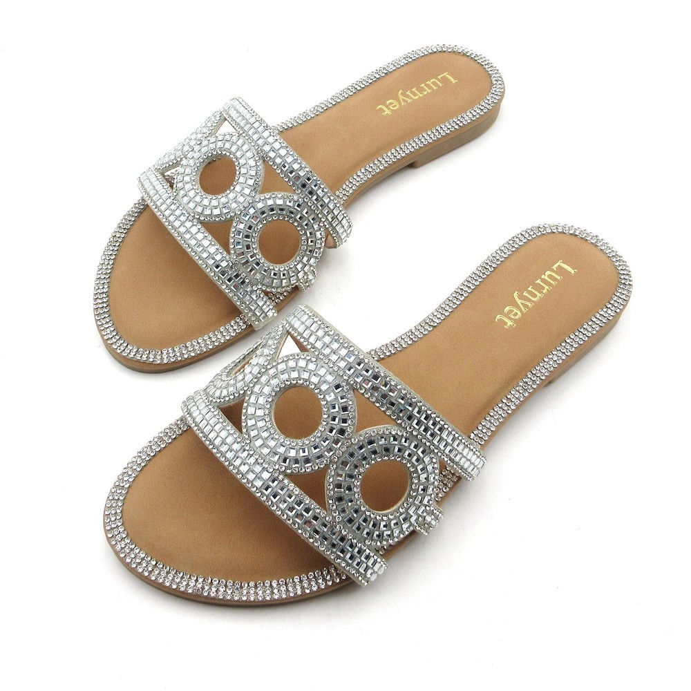 Lurnyet Womens Crystal Rhinestone Flat Slide Sandals Summer Beach Slippers