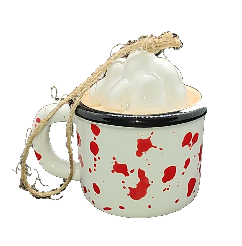 Ceramic Hot Cocoa Mug Ornament Red Speckled 3 Inch Marshmallow Design  