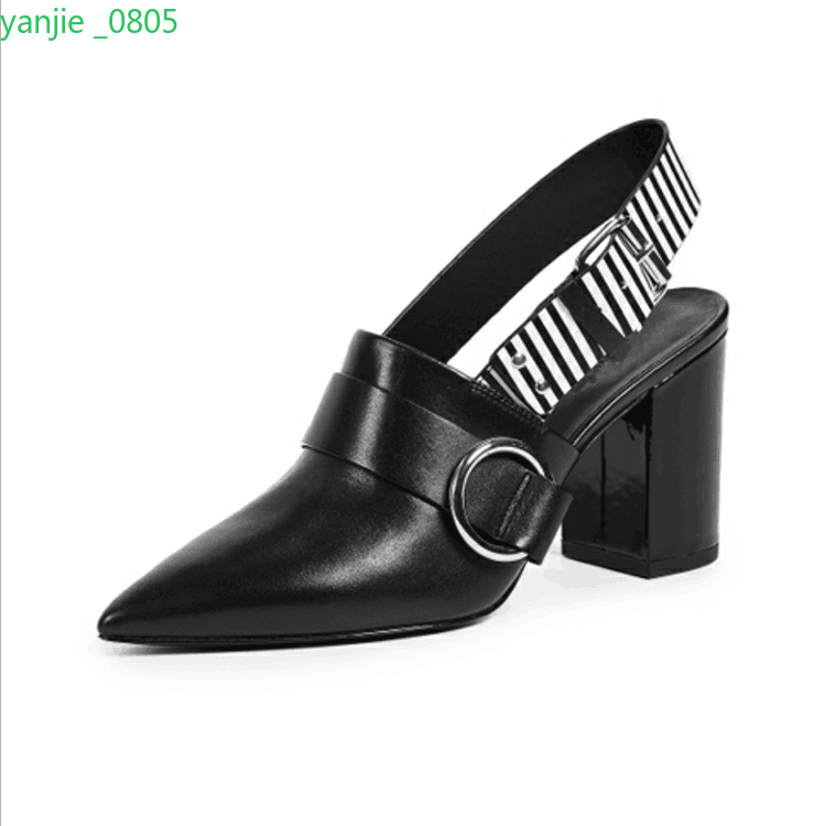 Women's Chunky Heel Leather Pumps with Buckle Detail Pointed Toe Slingback Office Shoes