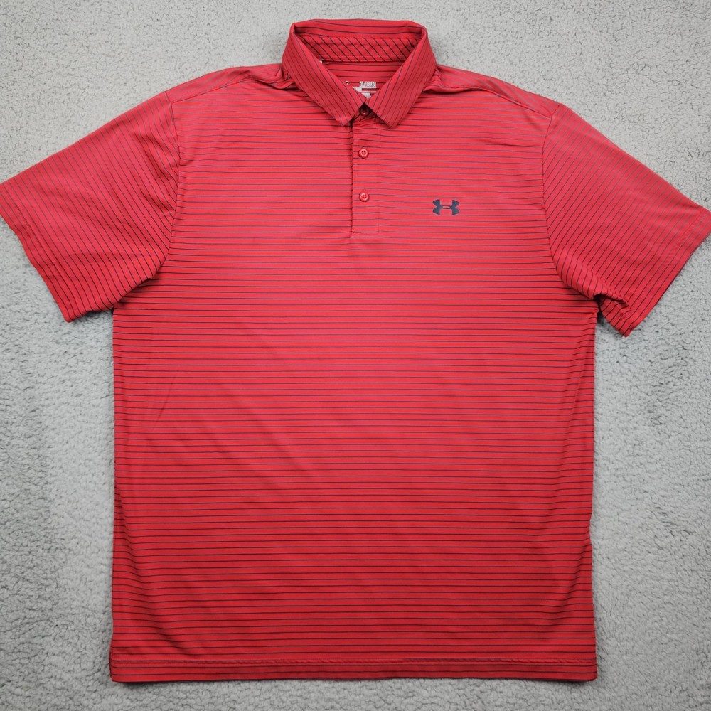 Under Armour Polo Shirt Mens XL Red Striped Golf Performance Stretch Heat Gear