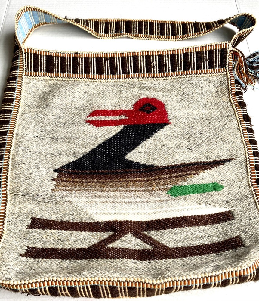 Vintage Handmade Acrylic Wool Bag Boho Style Natural Woven Purse 15”