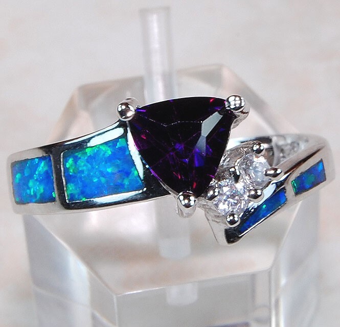 1CT Amethyst & Australian Opal Inlay 925 Sterling Silver Ring Jewelry Sz 8 BA2