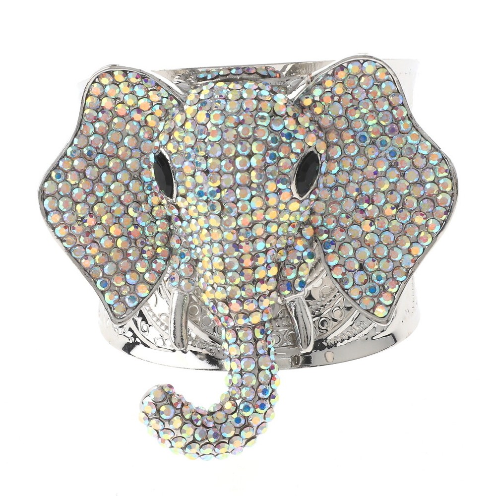 Silver Tone Metal Rhinestone Elephant Cuff Bangle Bracelet BA1428-SAB
