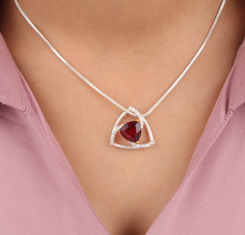 Red Garnet Gemstone Zircon Pendant 925 Fine Silver Handmade Jewelry Gift For Mom