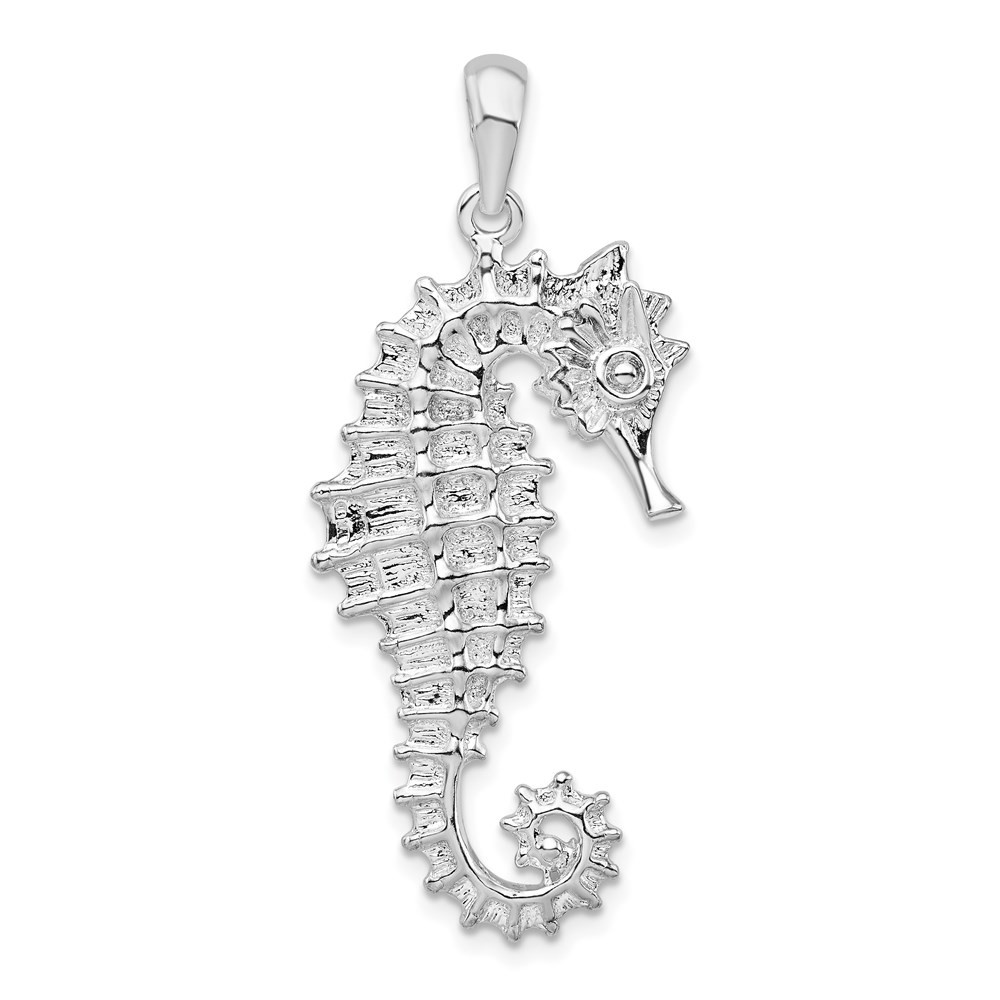 Sterling Silver Rhodium-Plated Polished Textured 3D Seahorse Pendant L-1.66 Inch