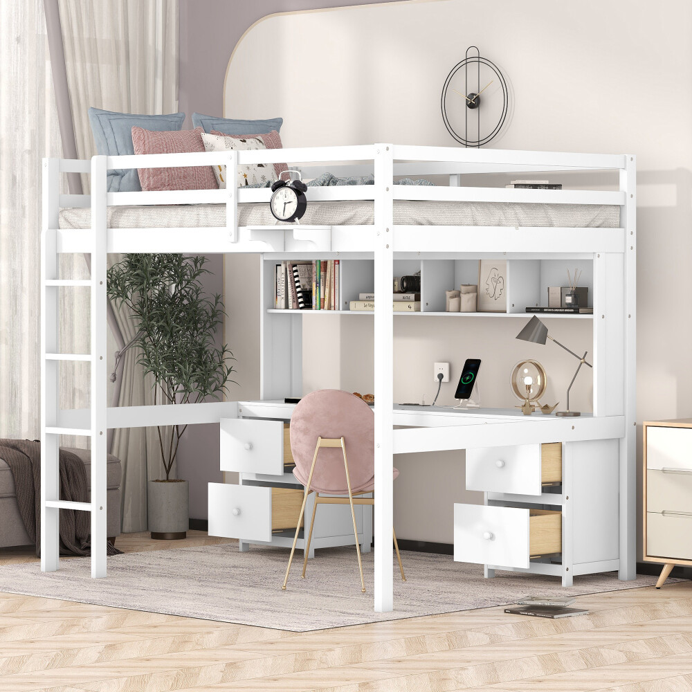 Space-Saving White Loft Bed with Desk, Storage & Charging Station-image