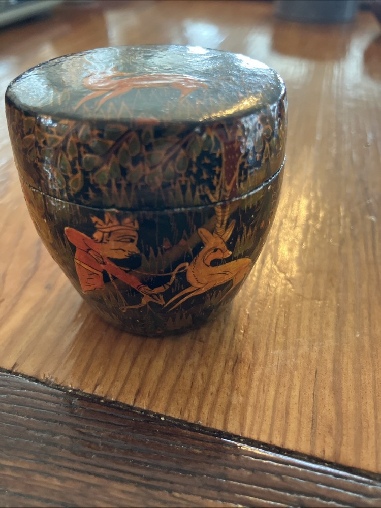 Kashmiri Hand-Painted Paper Mache Antelope Trinket Box with Lacquer Finish