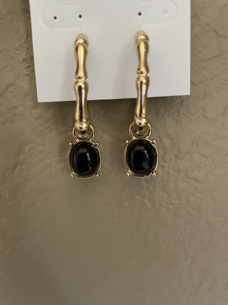 Gold Bamboo Hoop Earrings with Black Onyx Stones - WHBM - New!