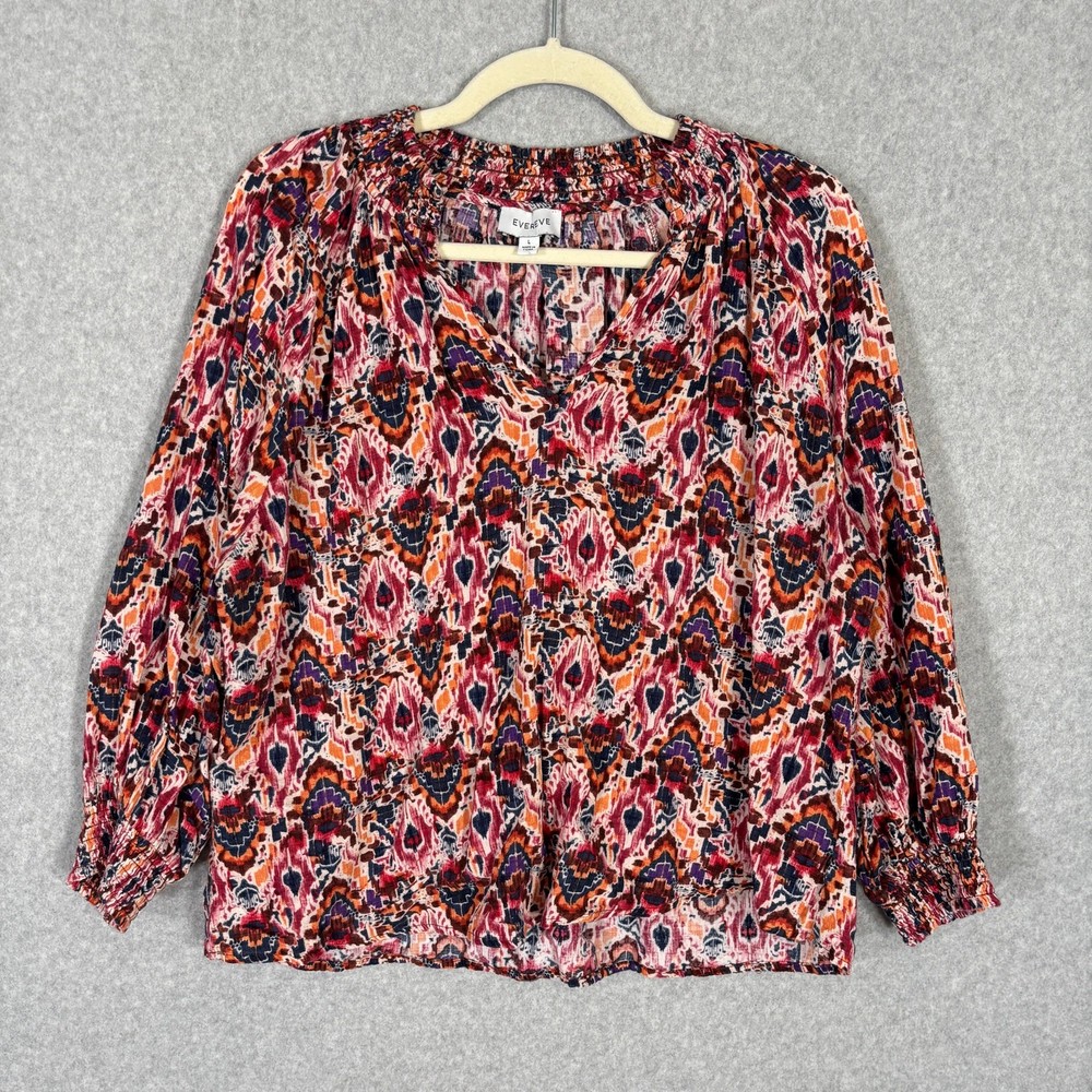 Evereve Blouse Womens Large Aztec Southwestern Boho Sonja Ikat Smocked Flowy