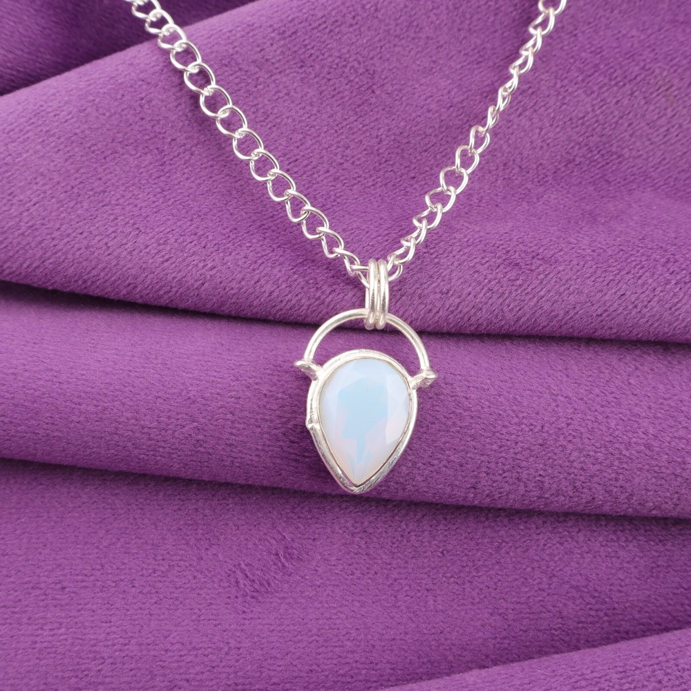 925 Sterling Silver October Milky Opal Art Deco Bezel Pendant Necklace