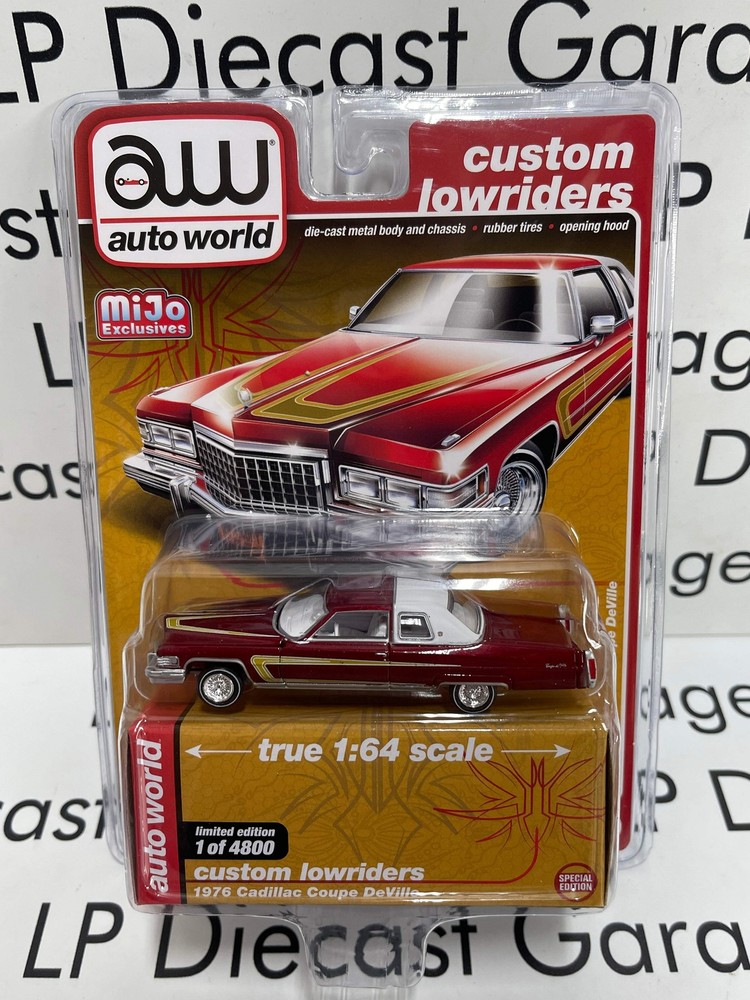 AUTO WORLD 1976 Cadillac Coupe DeVille Candy Red MiJo Exclusive 1:64 Diecast Custom Model Car Retro Classic Design Vintage Style Collectible