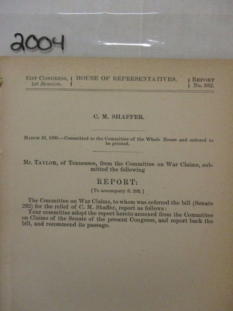 Government Report Civil War 1862 C.M. Shaffer Relief for Property Rent #2004