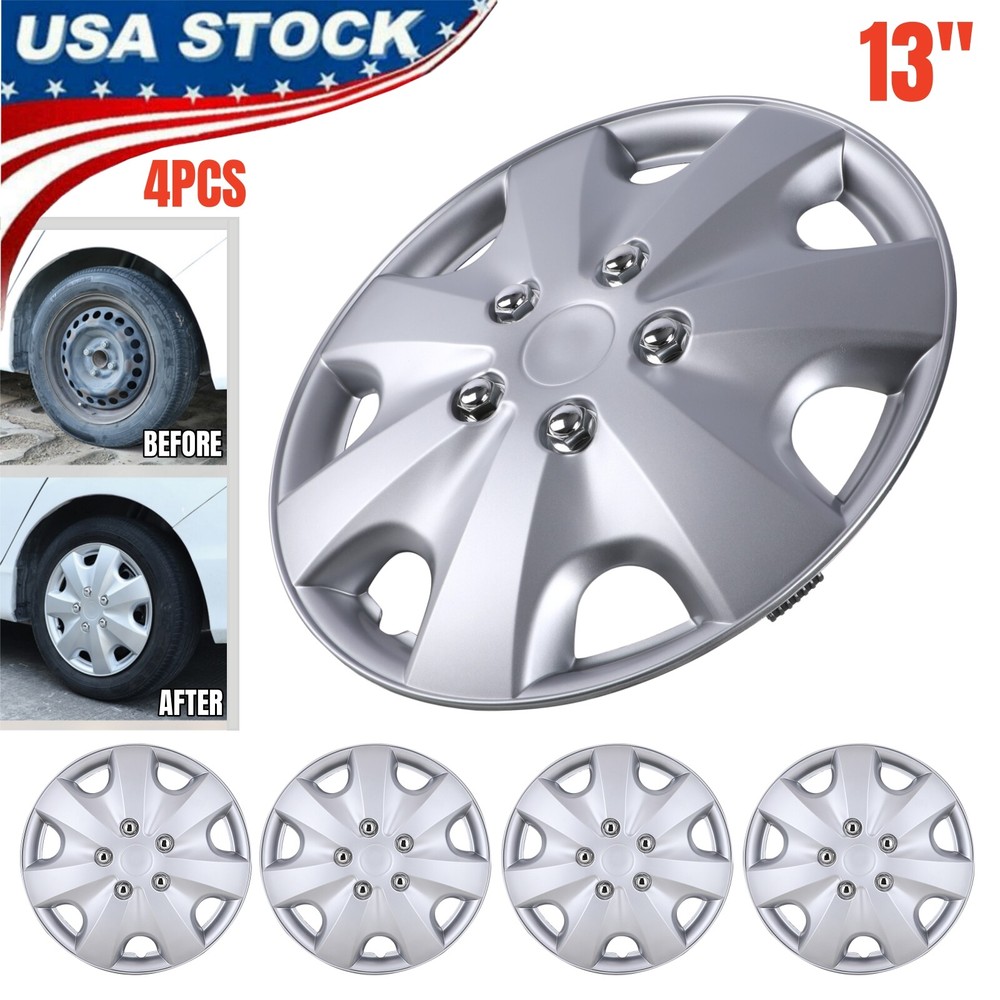 4PCS 13-inch Silver Snap-On Hubcaps for R13 Tires & Steel Rims