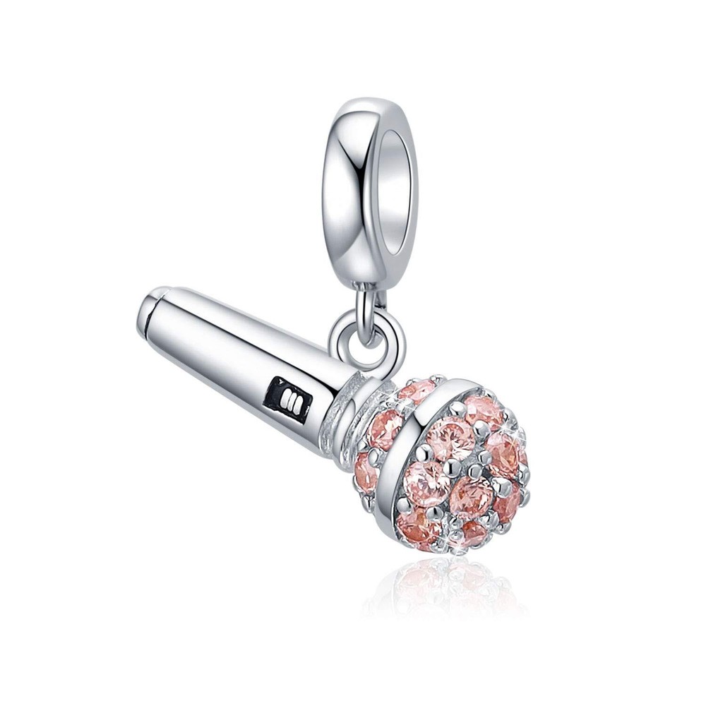 I Love Music Microphone Charm in 925 Sterling Silver with Champagne Crystal