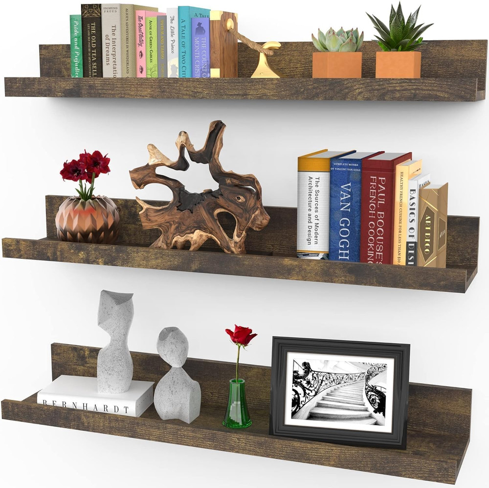 24 Inch Floating Shelves for Wall - Set of 3 in Walnut Brown - Modern Rustic Sty