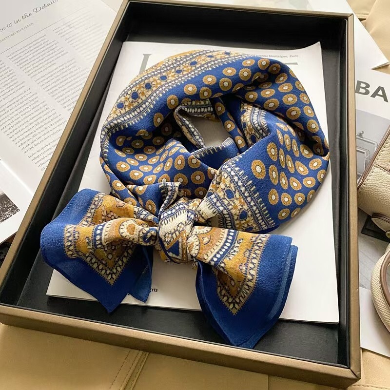 100% Mulberry Silk Crepe Paisley Print Oblong Scarf in Pale Blue