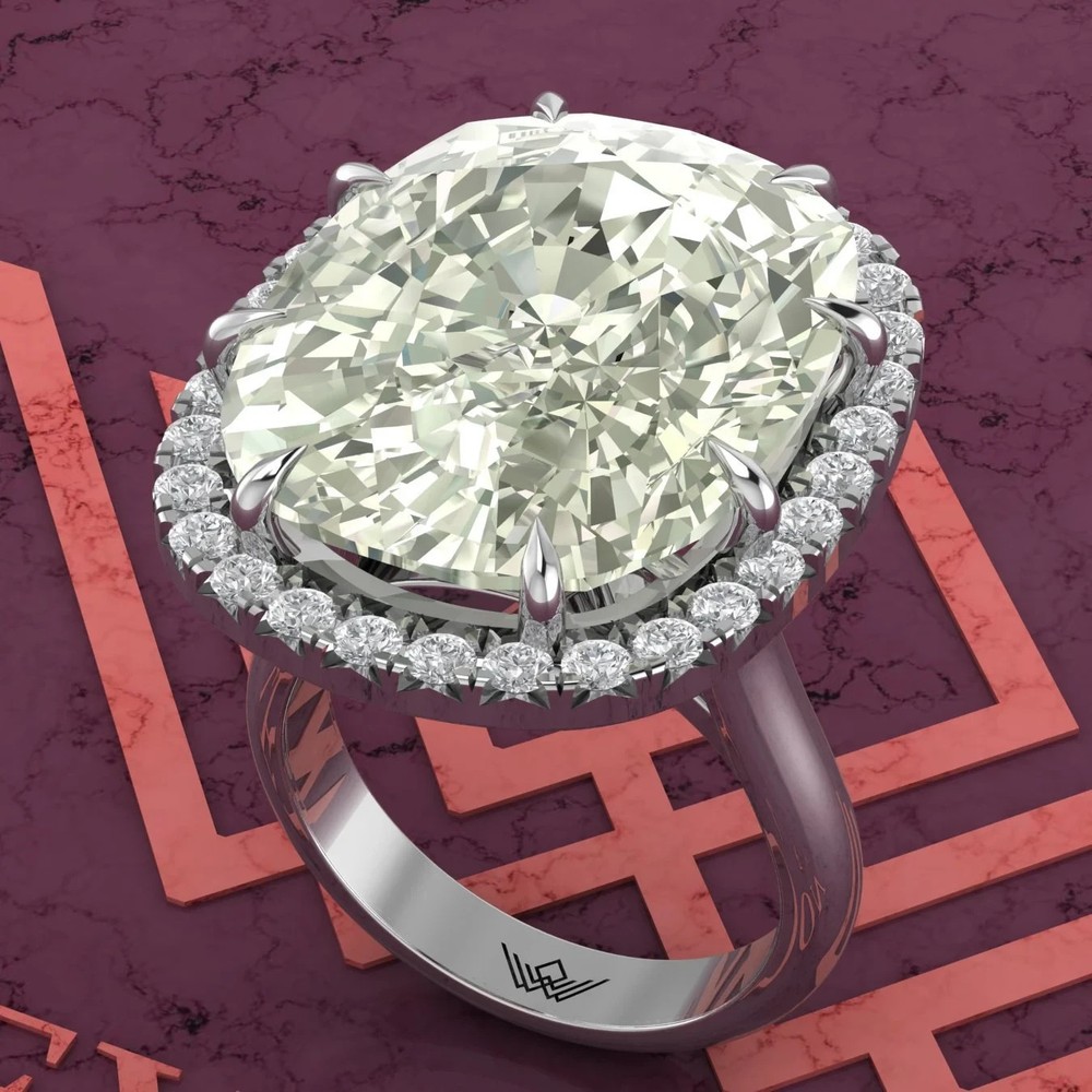 14K Moissanite Cushion Cut Halo Ring with 8-Claw Cathedral Setting  