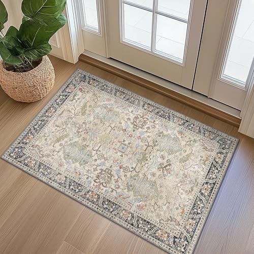 Ultra-Thin 2x3 Washable Entryway Rug in Ivory & Teal – Soft & Durable  